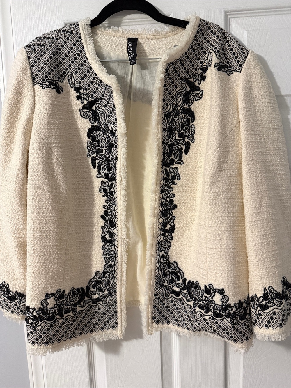 berek Cream Bouclé Jacket with Black Floral Embroidery